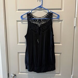 Cable &‎ Gauge Black Crochet Lace Yoke Boho Tunic Tank Top Womens Large